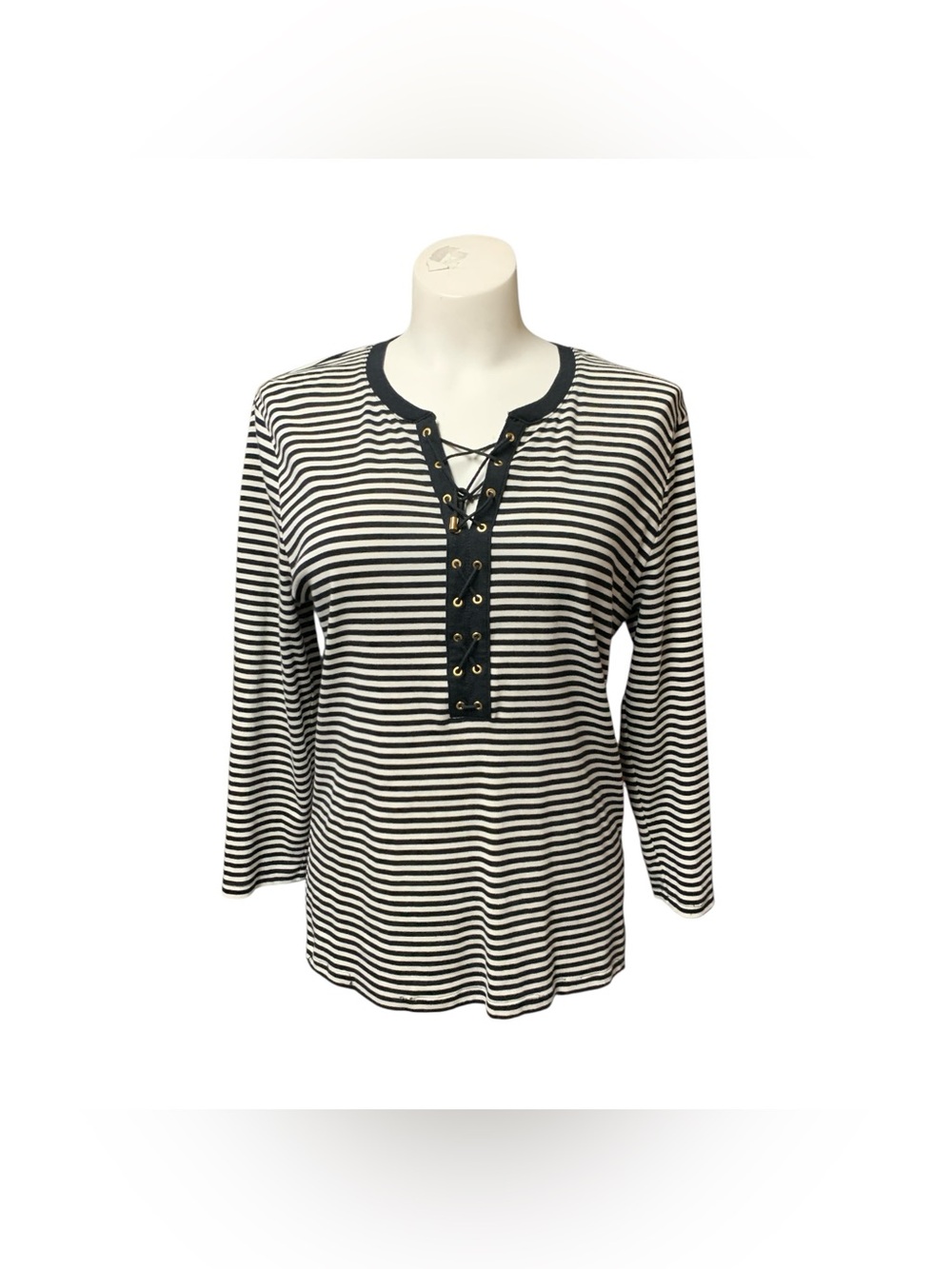 Ralph Lauren Black & White Striped Lace-Up Long Sleeve Tee Size XL